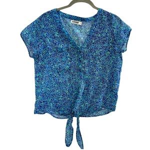 Garage Blue Floral Button Tie Front Crop Blouse